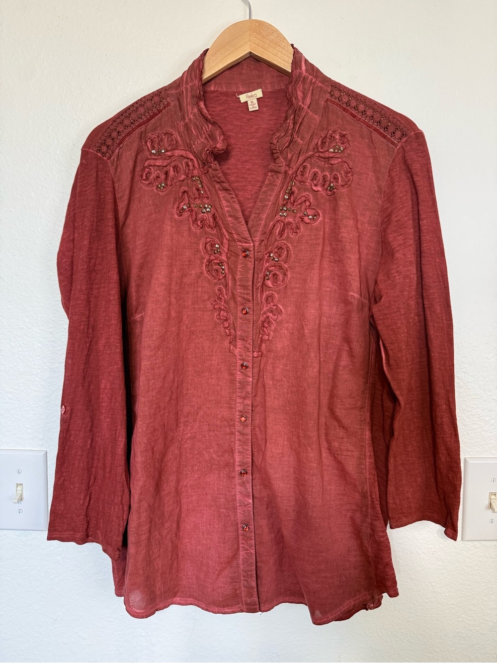 Reba Embroidered Western Blouse Sequins Rust Distressed Slub Cotton Women’s XL